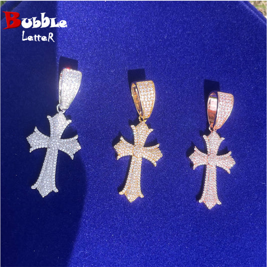 Bubble Letter Iced Out Cross Necklace Pendant for Women Prong Setting Cubic Zirconia Hip Hop Jewelry