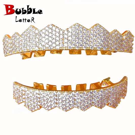 Big Hip Hop Grillz Iced Out CZ Fang Mouth teeth grills Caps Top & Bottom tooth Set Men Women Vampire Grills Fashion Jewelry