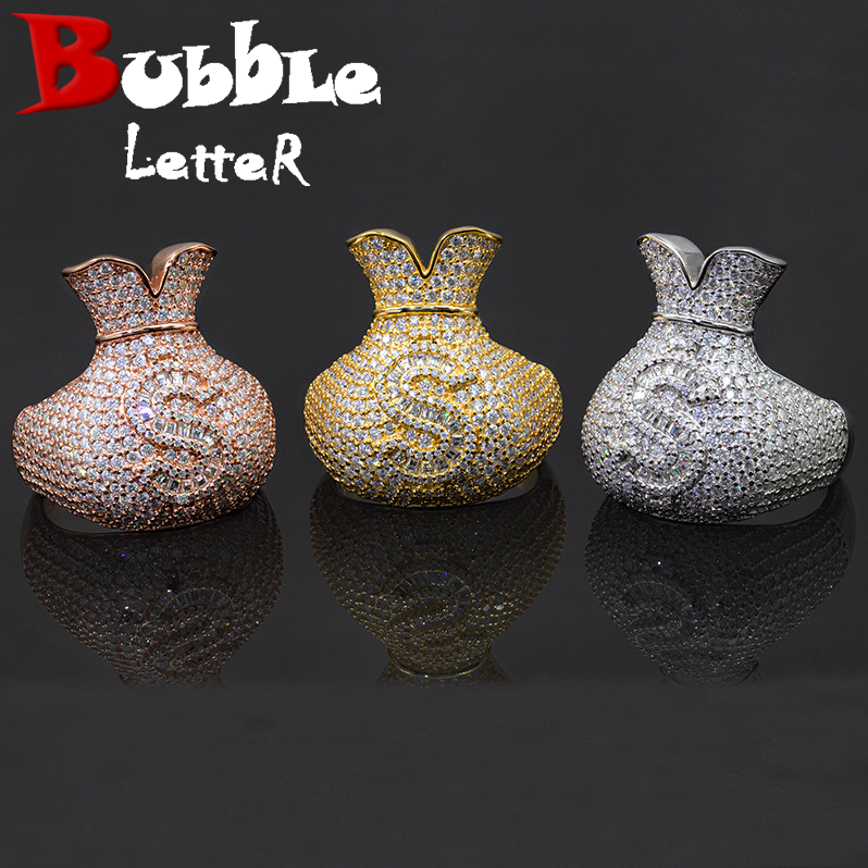 Bubble Letter Silver Moissanite VVS Dollar Bag Ring for Men Hip Hop Jewelry