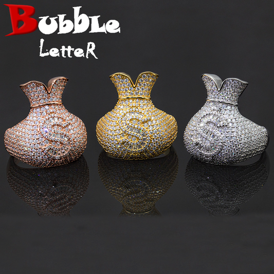 Bubble Letter Silver Moissanite VVS Dollar Bag Ring for Men Hip Hop Jewelry