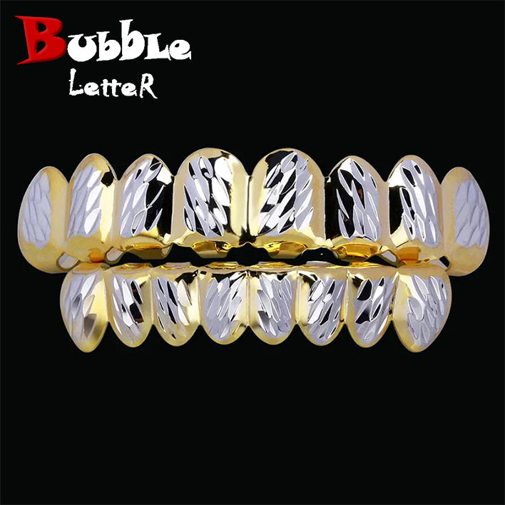 Bubble Letter Smooth Shiny Paved Setting Bling Ice Bar Grillz Double Color Teeth Caps Hip Hop Jewelry