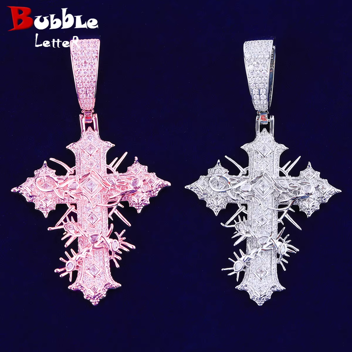 Bubble Letter Iced Out Rattan Cross for Men Prong Setting Real Gold Plated Hip Hop Jewelry