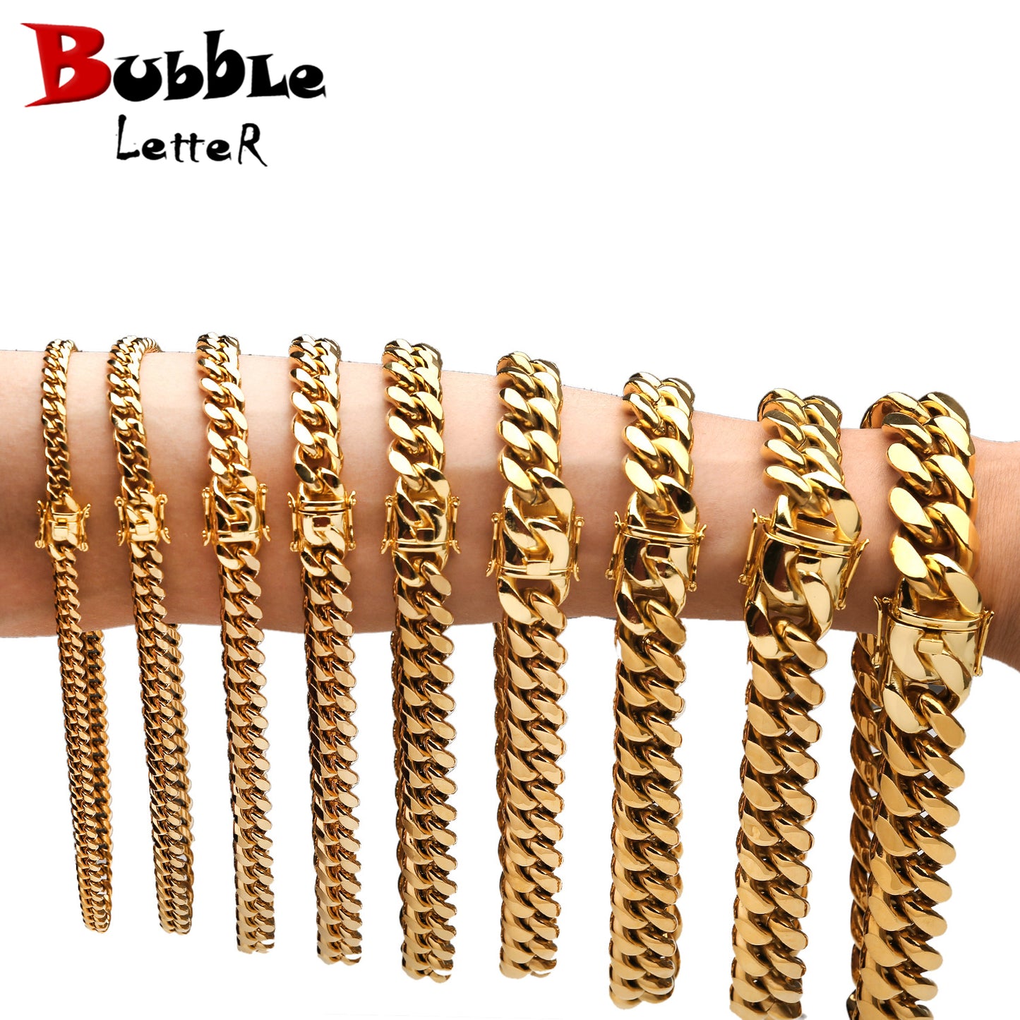 Bubble Letter Stainless Steel Miami Cuban Link Chain for Men Necklace Choker PVD Plating Real Gold Plated Lobster Clasp Jewelry