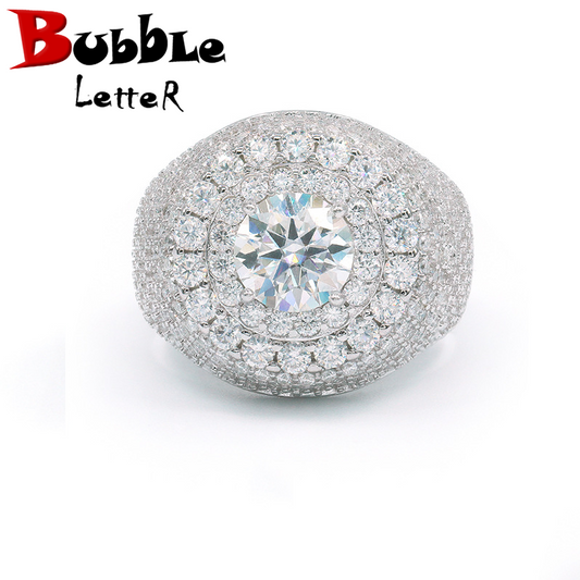 Bubble Letter Silver Moissanite VVS Sun Circle Men Ring Hip Hop Jewelry