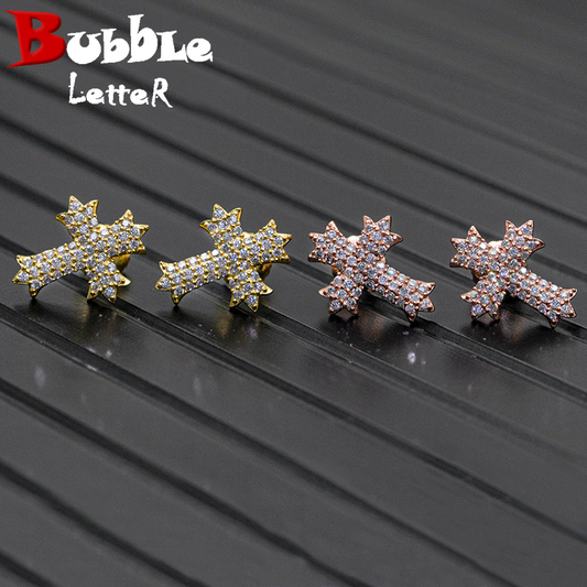 Bubble Letter Silver Moissanite VVS Chrome Cross Stud Earring for Men Hip Hop Jewelry