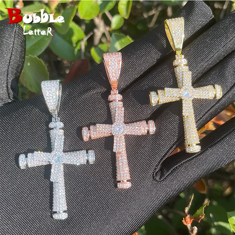 Bubble Letter Iced Out Cross Necklace for Women Prong Setting Cubic Zirconia Real Gold Plated Pendant Hip Hop Jewelry