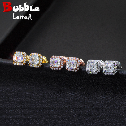 Bubble Letter Silver Moissanite Square Baguette Stud Earring for Men Hip Hop Jewelry