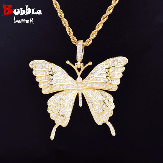 Bubble Letter Animal Butterfly Necklace & Pendant Iced Out Gold Color AAA Cubic Zircon Men's Women Hip Hop Rock Jewelry