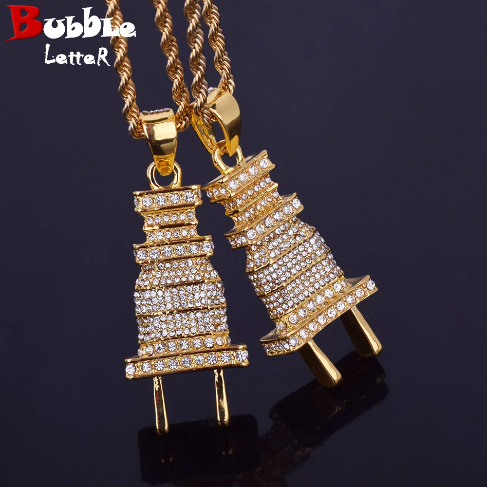 Bubble Letter Men's Iced Bling Plug Pendant Necklace Gold Color Charms Micro Pave Full Rhinestone Hip Hop Jewelry