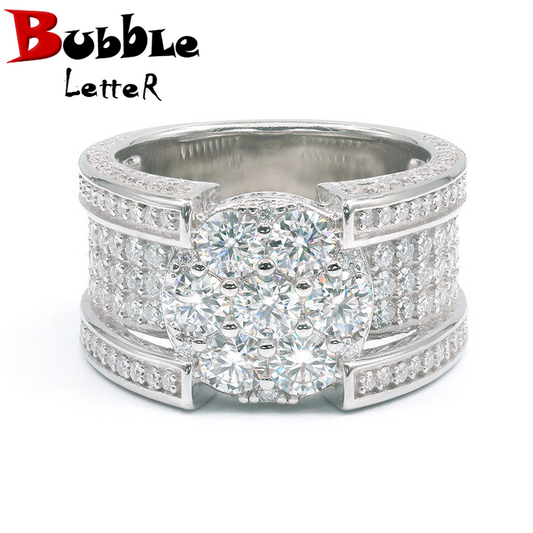 Bubble Letter Silver Moissanite VVS Big Stone Men Ring Hip Hop Jewelry