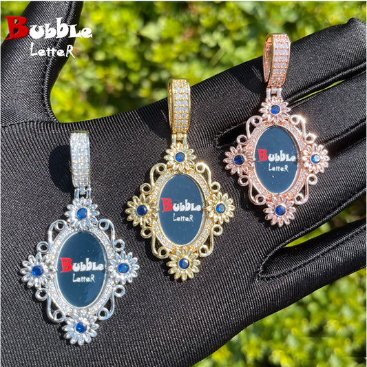 Bubble Letter Iced Out Makeup Mirror Shape Custom Photo Picture Necklace Pendant for Women Hip Hop Jewelry