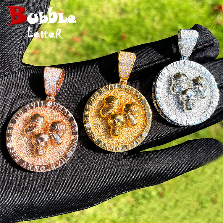 Bubble Letter Iced Out Skull Circle Necklace Pendant for Men Micro Pave Zirconia Cubic Hip Hop Jewlry