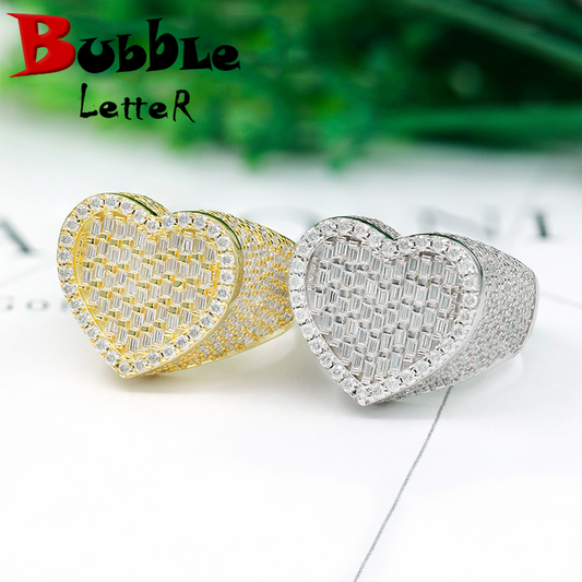 Bubble Letter Silver Moissanite VVS Baguette Heart Ring for Women Hip Hop Jewelry
