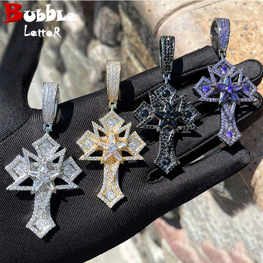 Bubble Letter Iced Out Star Cross Necklace Pendant for Men Prong Setting Cubic Zirconia Hip Hop Jewelry