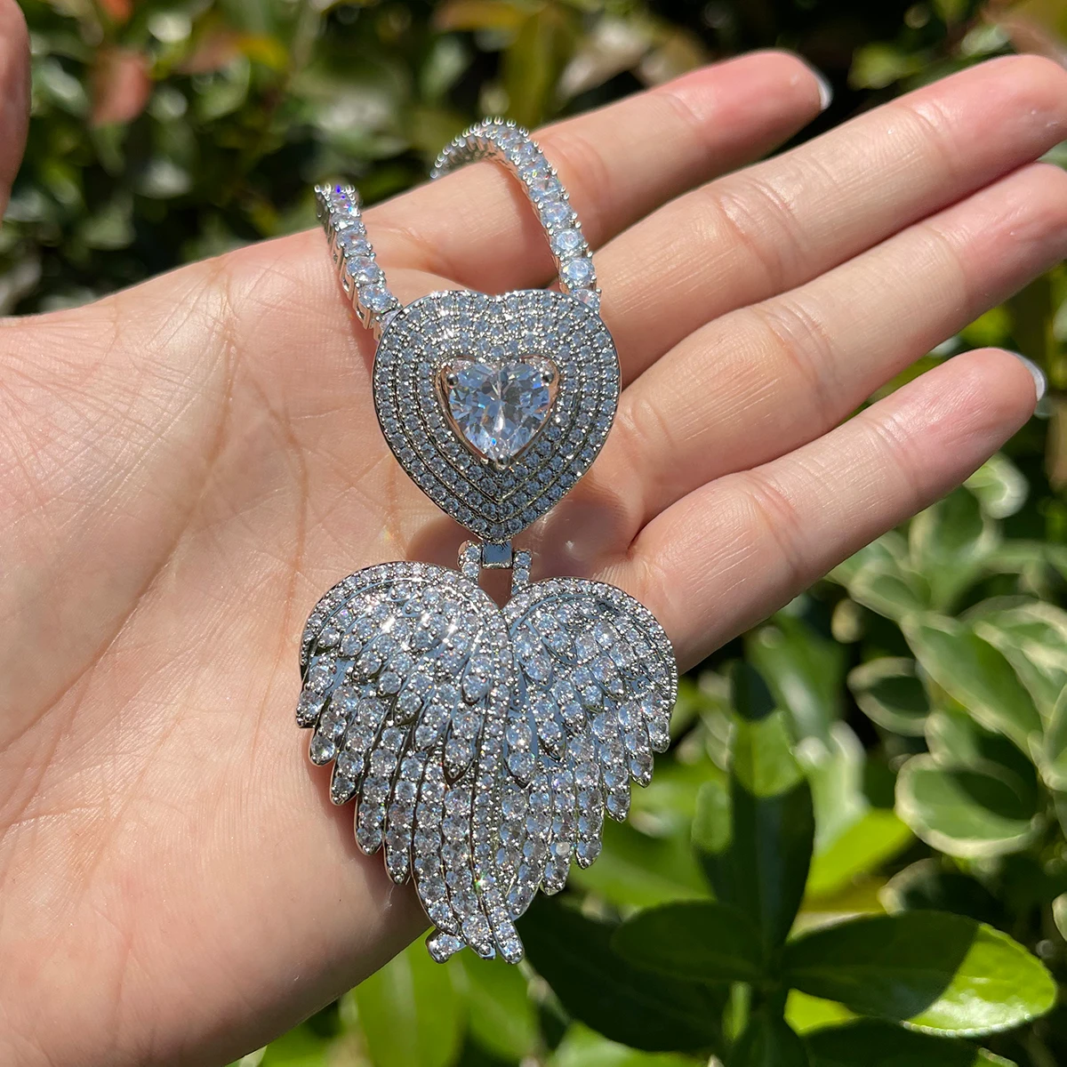 Bubble Letter Iced Out Necklace for Women Heart Bail Prong Wing Pendant Real Gold Plated Hip Hop Jewelry