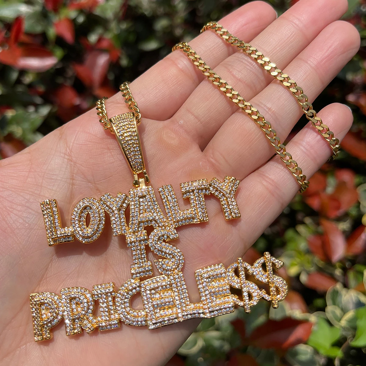 Bubble Letter Prong Setting Necklace for Men Iced Out Loyalty Is Priceless Pendant Hip Hop Jewelry