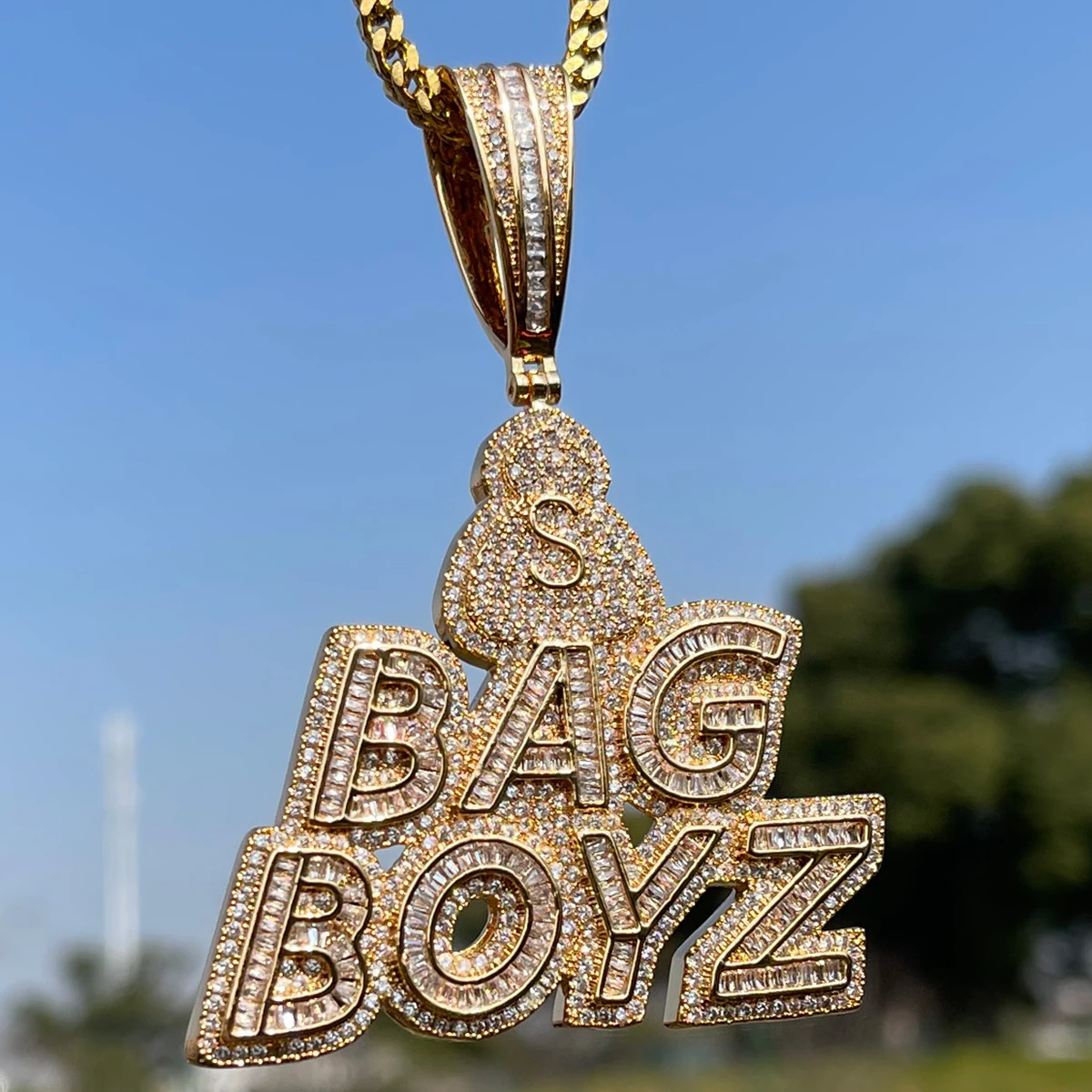 Bubble Letter Jewelry Iced Out Necklace for Men Prong Setting Charms BAG BOYZ Pendant Hip Hop Jewelry