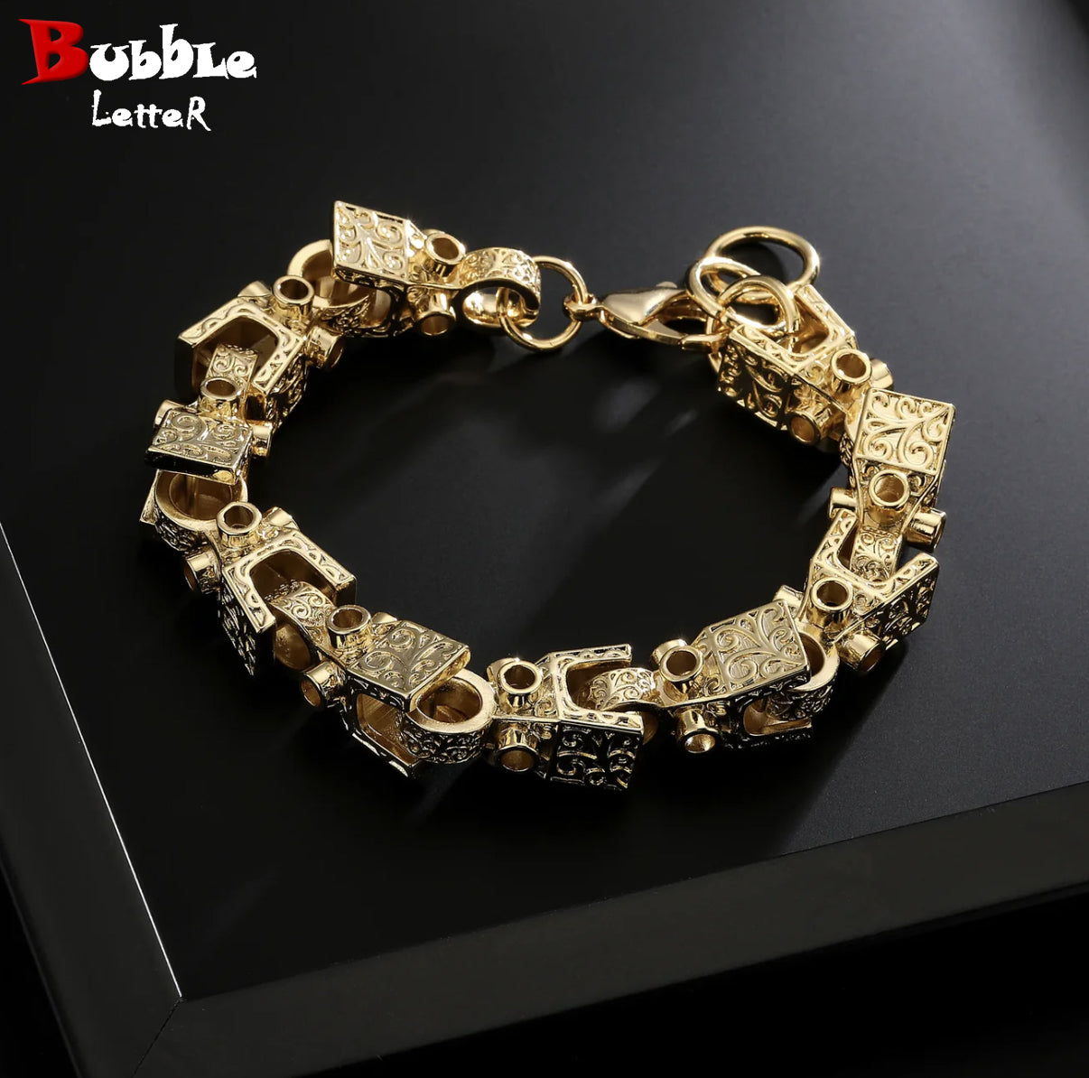 Bubbble Letter 3D Block Cuban Link Bracelet for Men Real Copper Gold Plated Lobster Clasp Hip Hop Jewelry