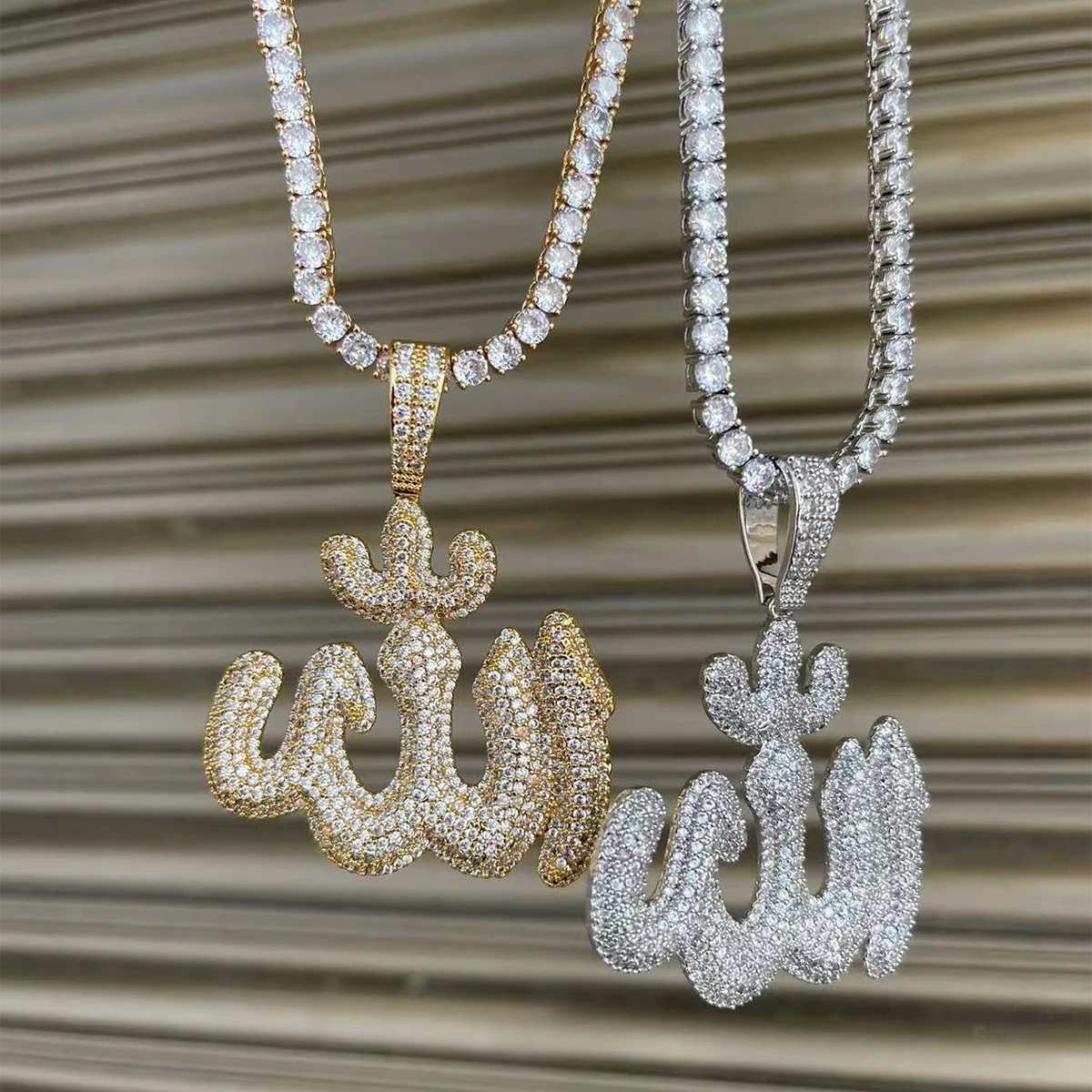 Bubble Letter Iced Out Allah Pendant Necklace Real Gold Plated Hip Hop Jewelry Unique Charms 2022 Trend