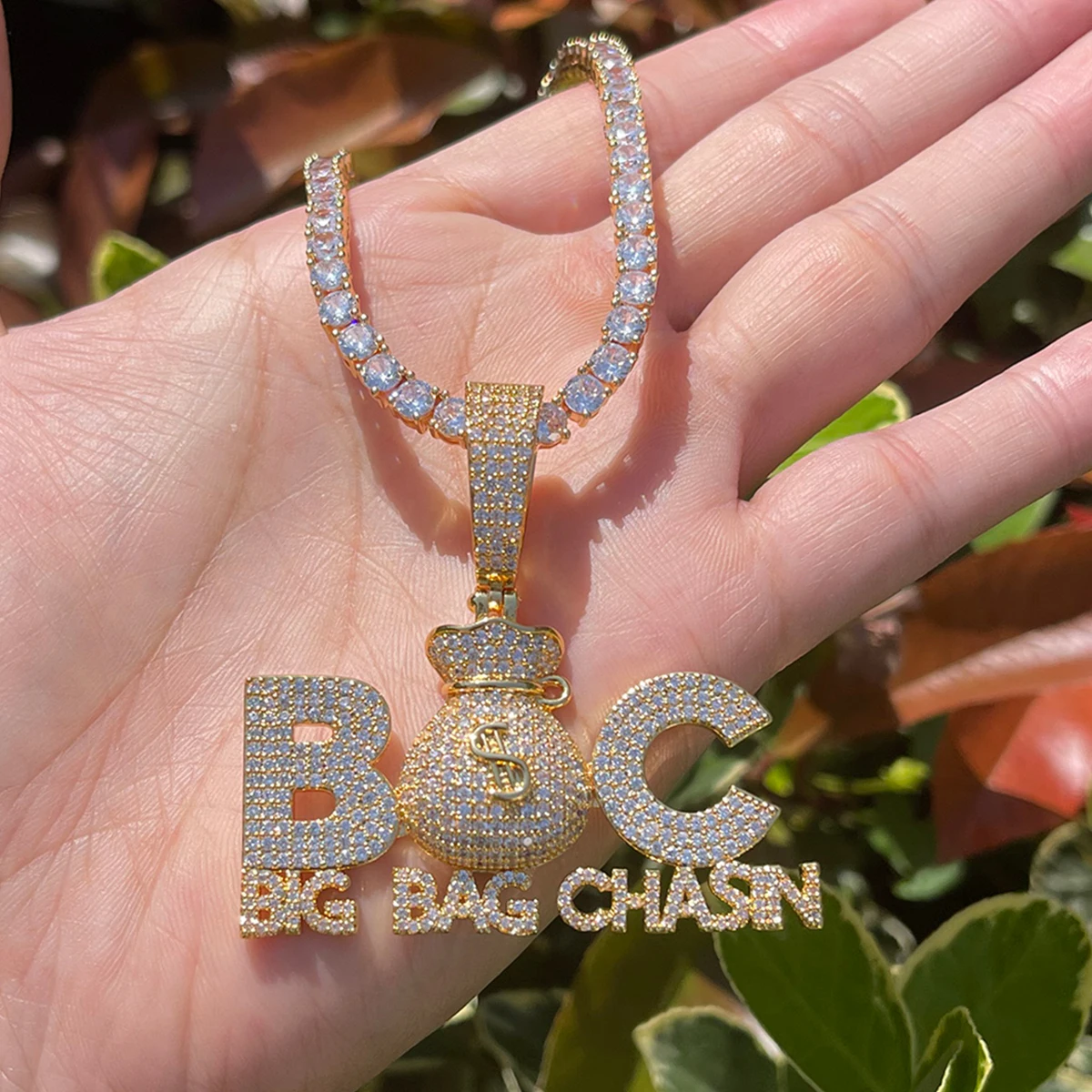 Bubble Letter Prong Necklace for Men Iced Out Pendant Big Bag Chase Charms Hip Hop Jewelry