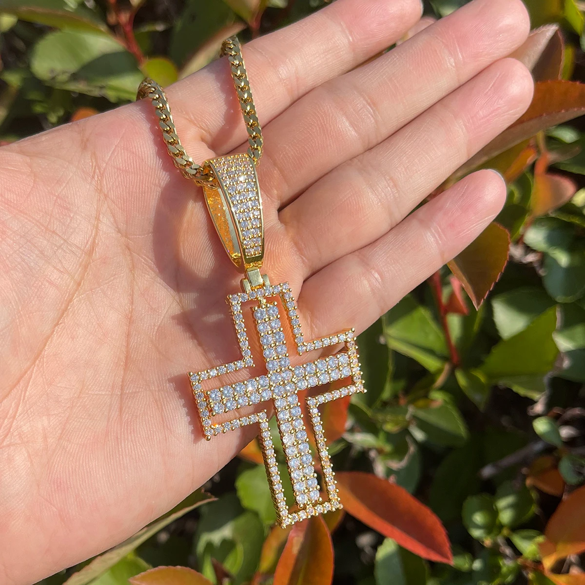 Bubble Letter Iced Out Hollow Cross Necklace for Men Prong Setting Pendant Copper Material Real Gold Plated Hip Hop Jewelry