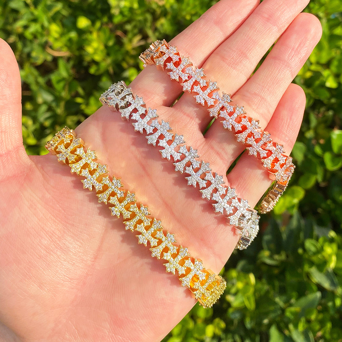 Bubble Letter Iced Out Cross Link Bracelet for Men 5A Cubic Zirconia Gold Plated Hip Hop Jewelry