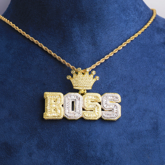 Bubble Letter Iced Out Boss Crown Bail Necklace Pendant for Men 5A Cubic Zirconia Prong Setting Hip Hop Jewelry