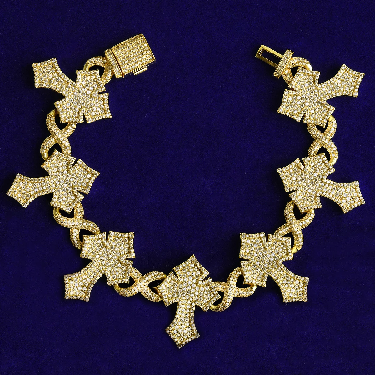 Bubble Letter Iced Out Cross Infinity Link Bracelet for Men 5A Cubic Zirconia Gold Plated Hip Hop Jewelry