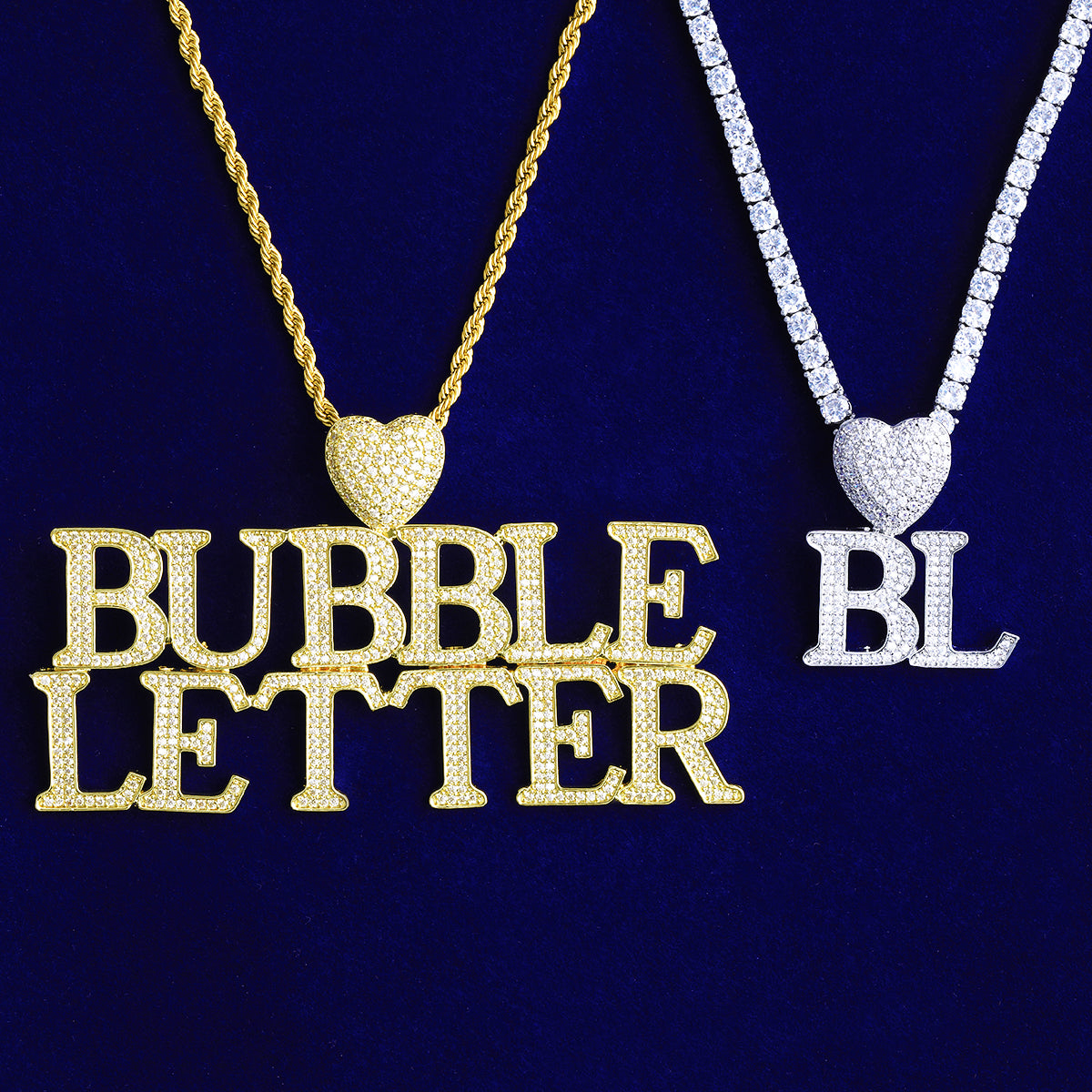 Bubble Letter Iced Out Customized Name Necklace Pendant for Men Heart Bail Real Gold Plated Hip Hop Jewelry