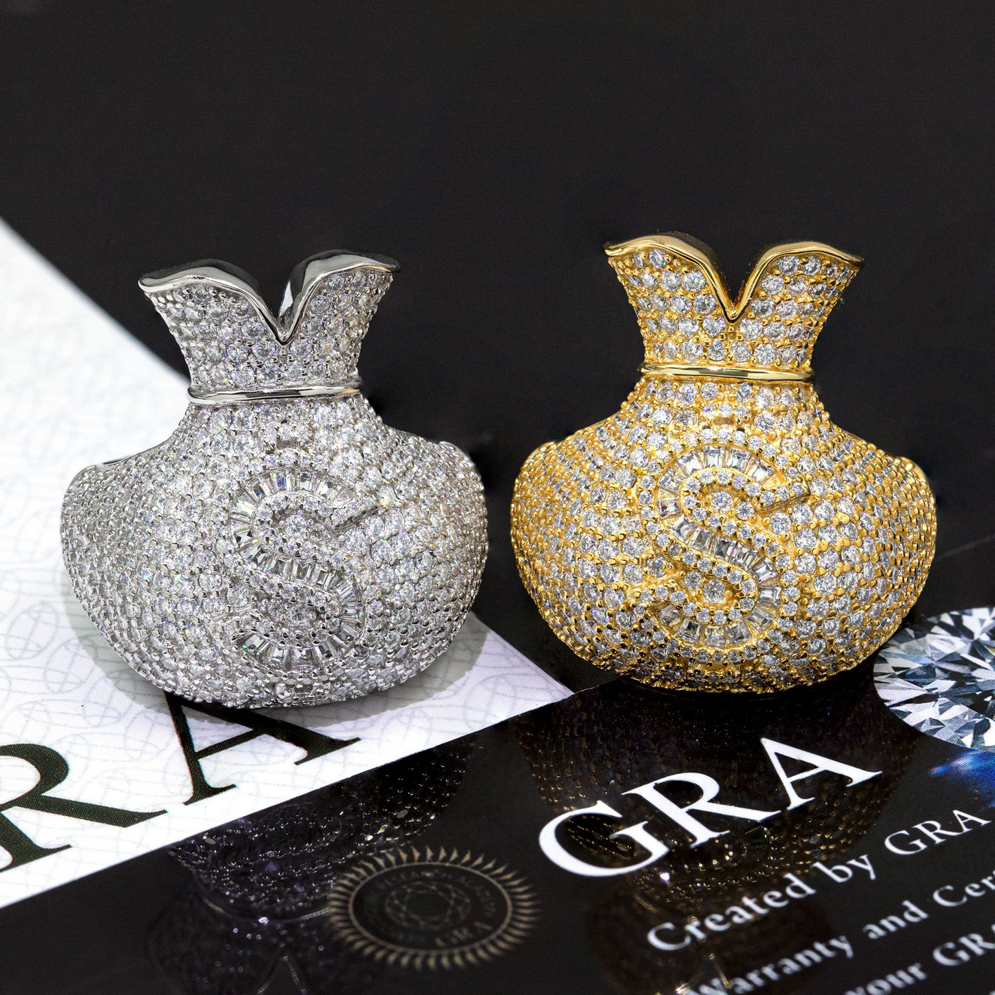 Bubble Letter Silver Moissanite VVS Dollar Bag Ring for Men Hip Hop Jewelry