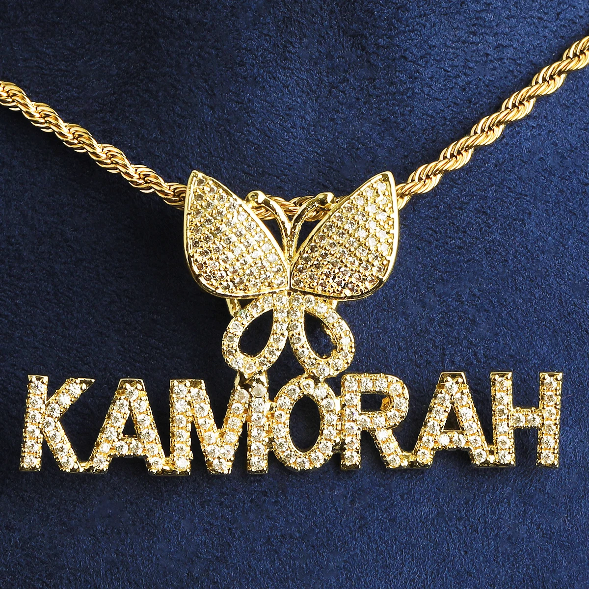 Bubble Letter Iced Out Custom Name Necklace Pendant Butterfly Bail for Women Real Gold Plated 5A Grade Hip Hop Jewelry