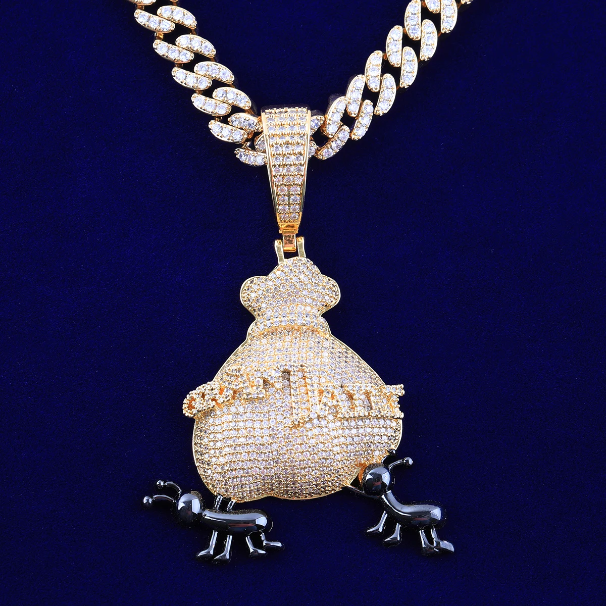 Bubble Letter Iced Out Ant Money Bag Necklace Pendant for Men Micro Pave Real Gold Plated Hip Hop Jewelry