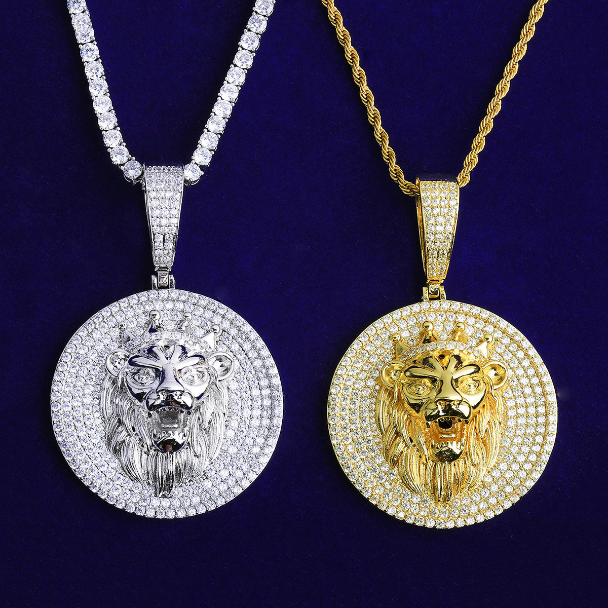 Bubble Letter Iced Out Lion King Disc Necklace Pendant for Men 5A Cubic Zirconia Gold Plated Hip Hop Jewelry