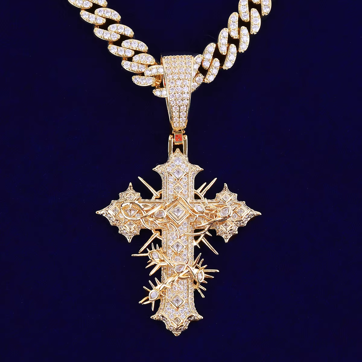 Bubble Letter Iced Out Rattan Cross for Men Prong Setting Real Gold Plated Hip Hop Jewelry