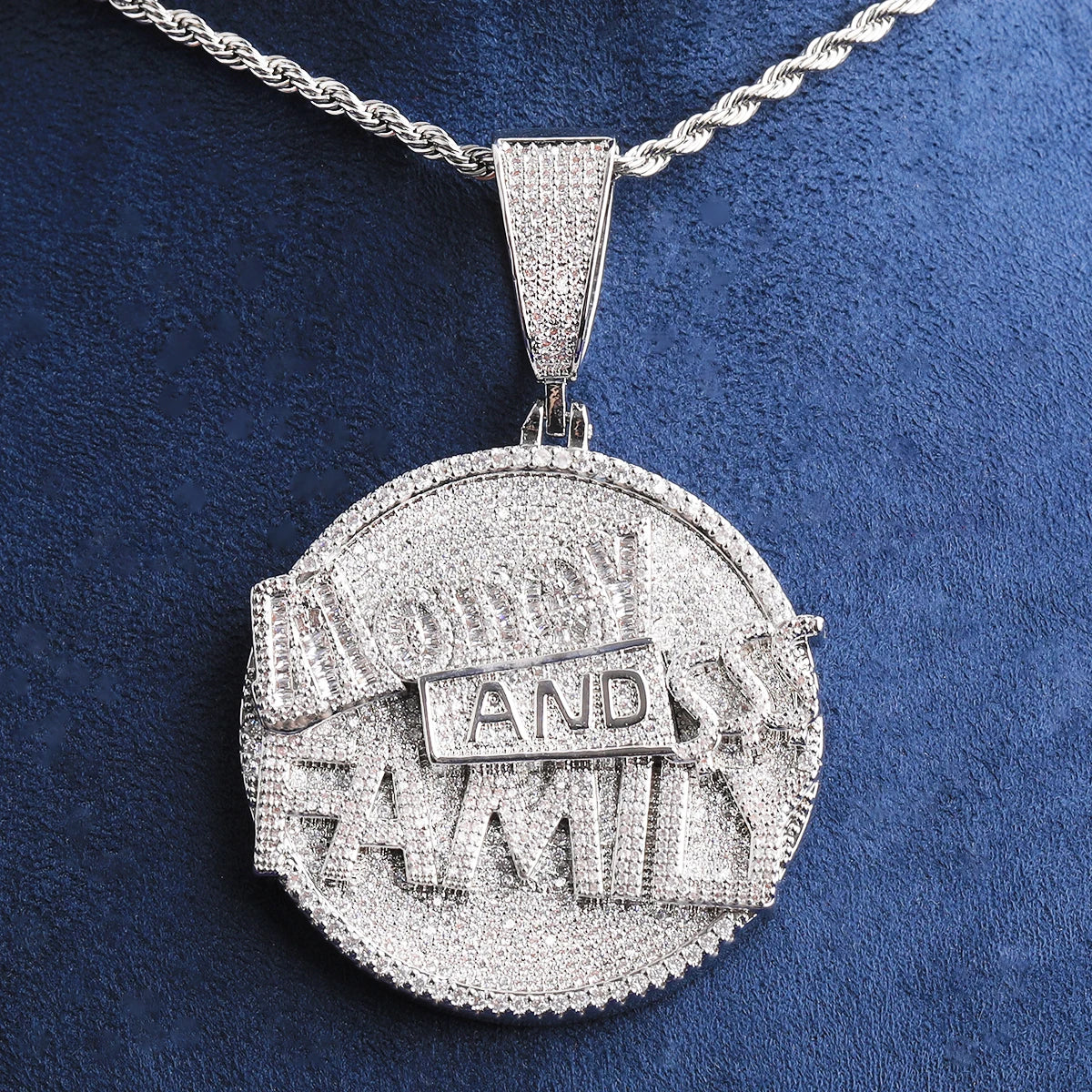 Bubble Letter Iced Out Money and Family Necklace Pendant for Men Real Gold Plated 5A Cubic Zirconia Hip Hop Jewelry