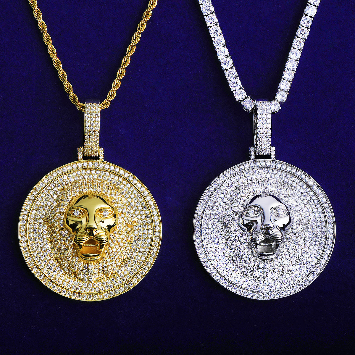 Bubble Letter Iced Out Lion Head Disc Necklace Pendant for Men 5A Cubic Zirconia Gold Plated Hip Hop Jewelry