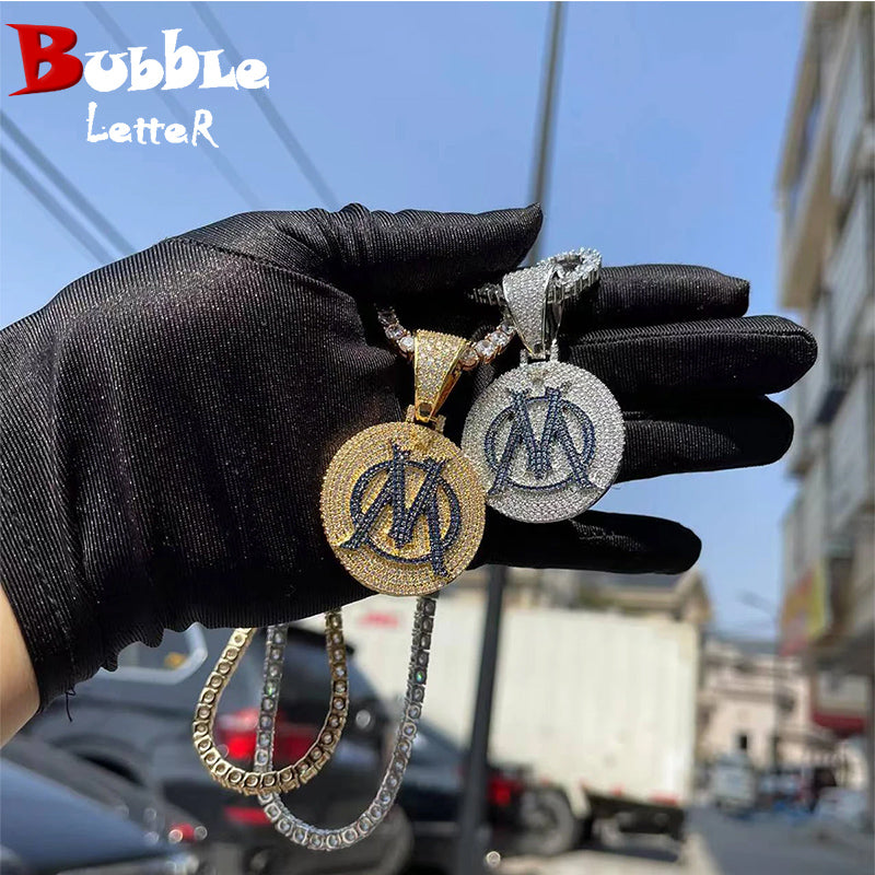 Bubble Letter Iced Out Pendant Necklace for Men Football Charms Real Gold Plated Hip Hop Jewelry