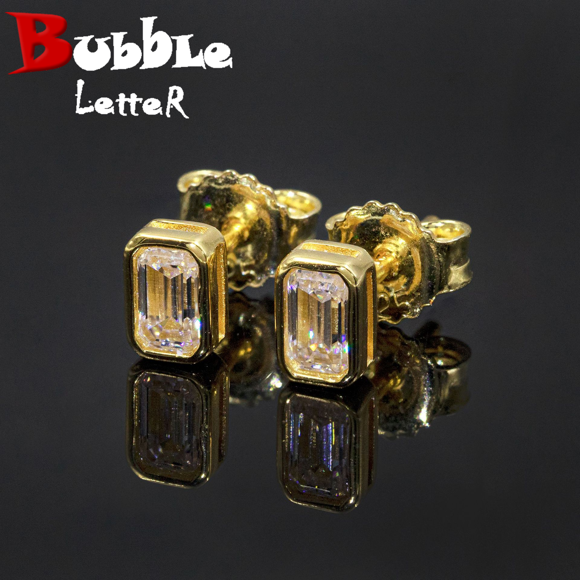 Bubble Letter Silver Moissanite VVS Rectangle Baguette Stud Earring for Men Hip Hop Jewelry