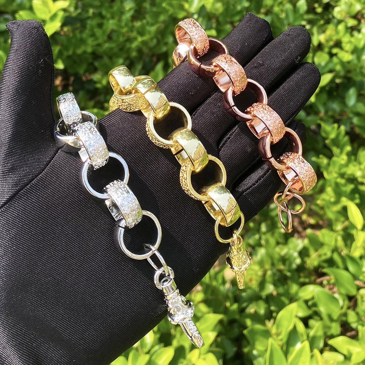Bubble Letter 20mm Alternate Ornate Filigree Belcher Pattern Link Bracelet Real Gold Plated PVD Plate Hip Hop Jewelry