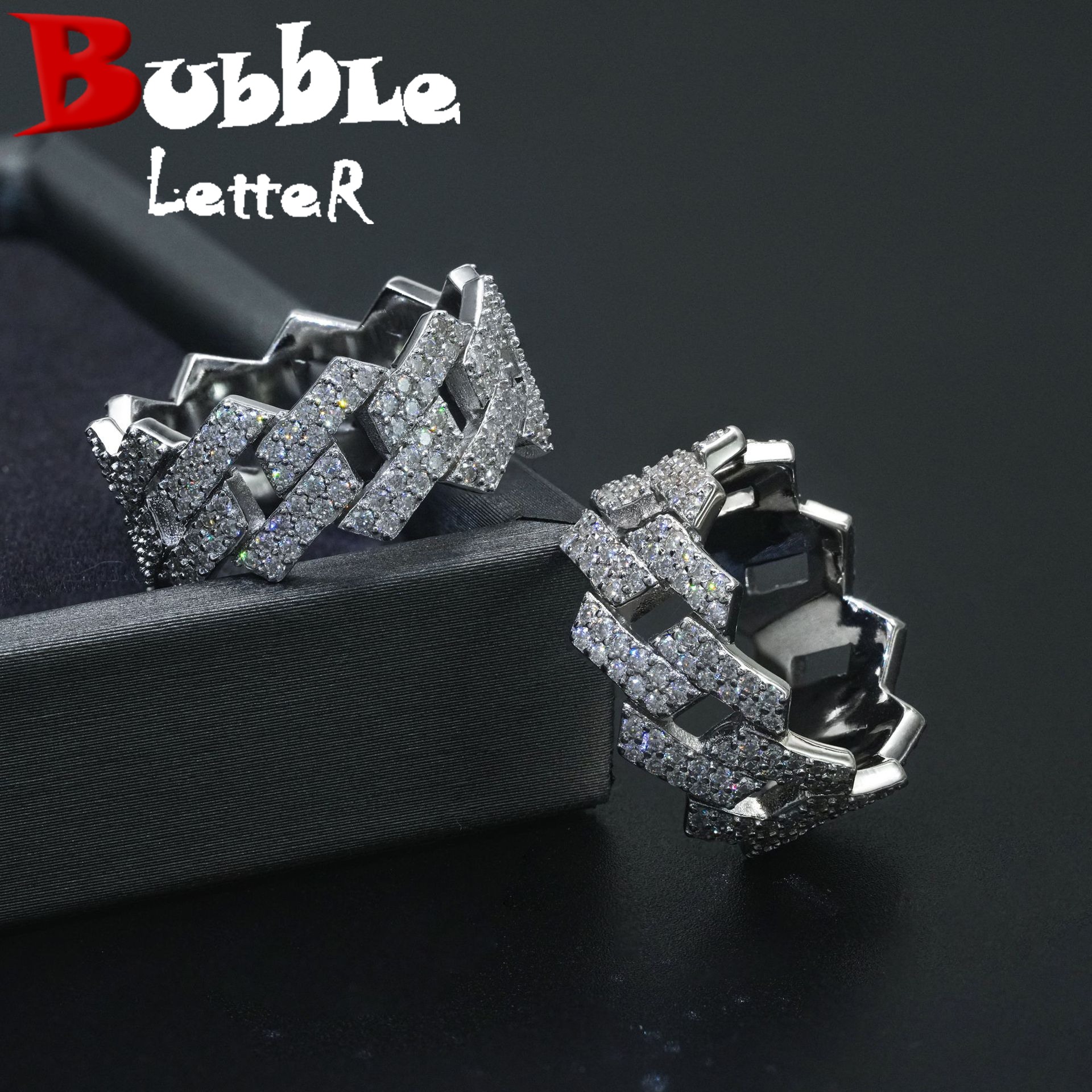 Bubble Letter Silver Moissanite VVS Cuban Ring for Men Hip Hop Jewelry