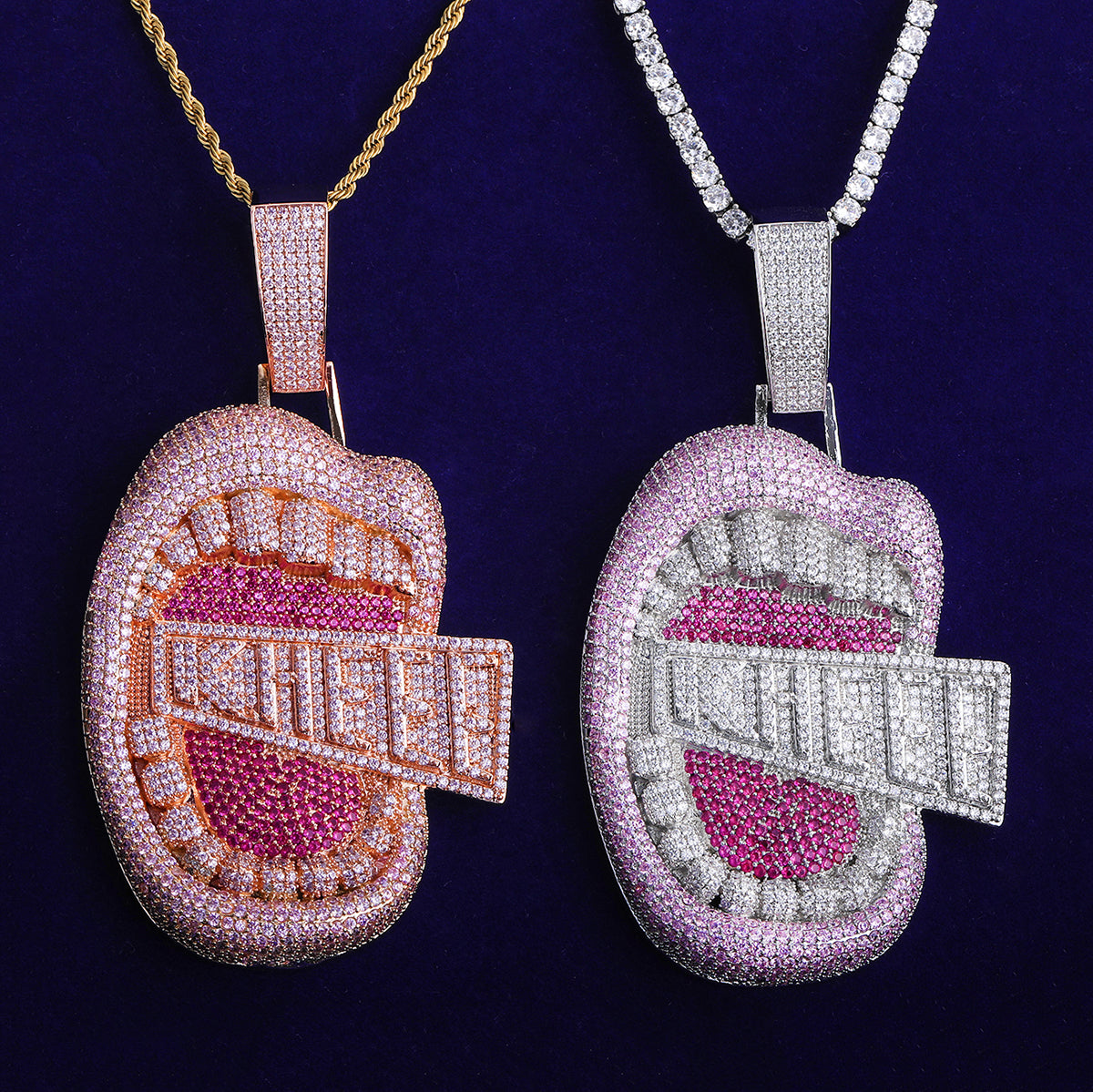 Bubble Letter Iced Out Big Mouth for Men Colgante Kheee Oro 5A Cubic Zirconia Copper Gold Plated Hip Hop Jewelry