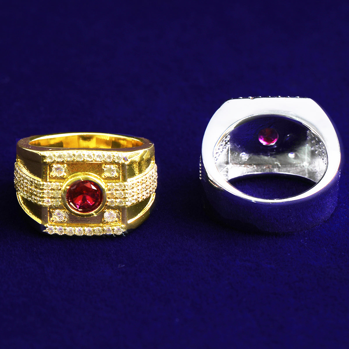 Bubble Letter Iced Out Pink Stone Ring for Men Real Gold Plated Hip Hop Jewelry