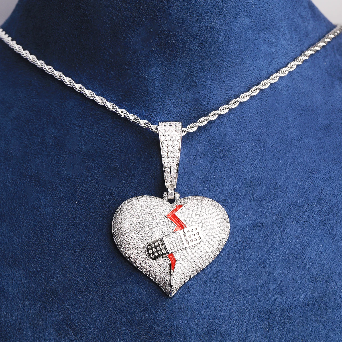 Bubble Letter Iced Out Wound Patch Broken Heart Necklace Pendant for Men Real Gold Plated 5A Cubic Zirconia Hip Hop Jewelry