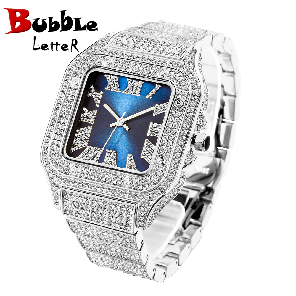 Bubble Letter SQUARE BLUE DIAL VVS NUMERALS ICE OUT DIAMOND WATCH
