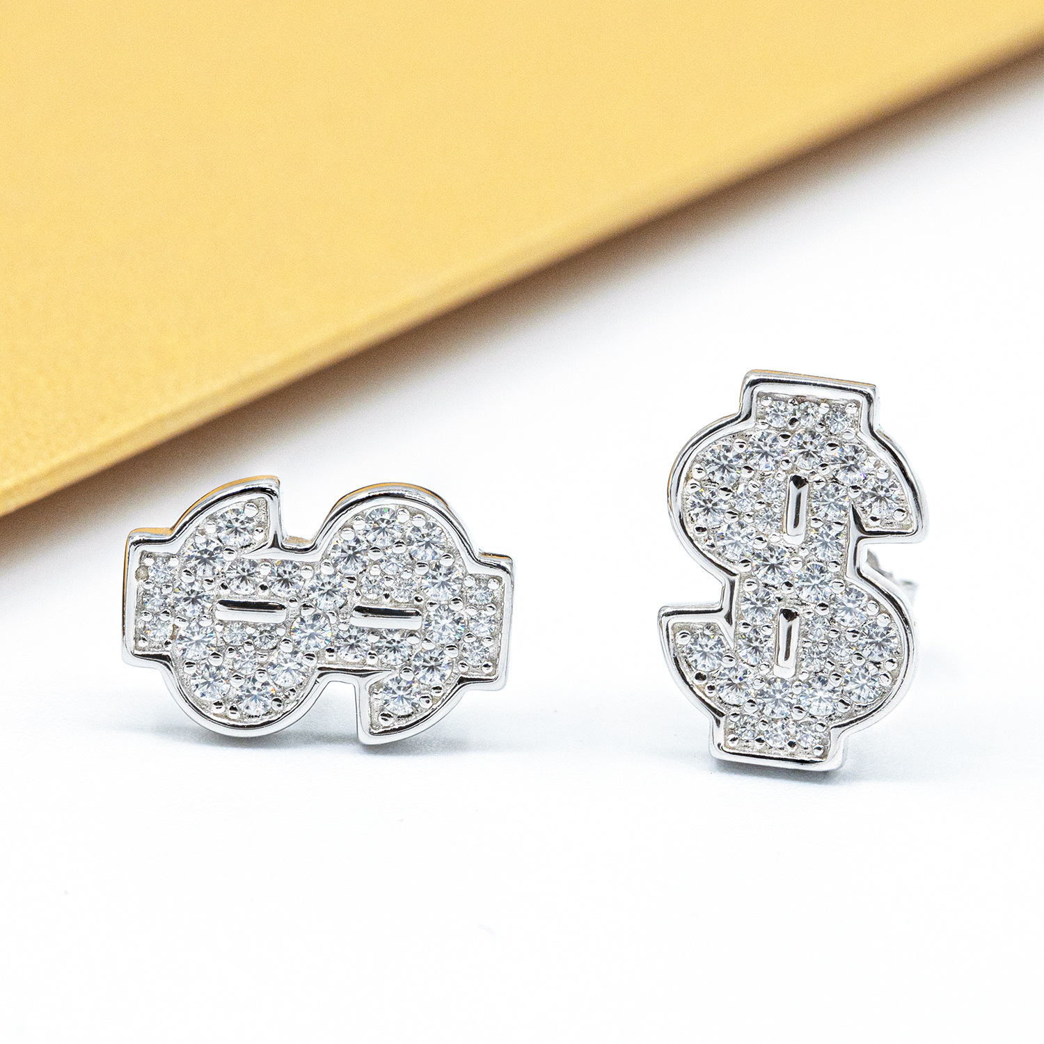 Bubble Letter Silver Moissanite VVS Dollar Sign Stud Earring for Women Hip Hop Jewelry