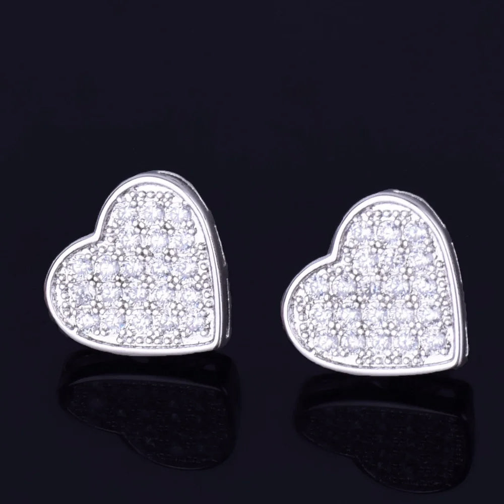 Bule lettebbr 14MM Width Heart-shaped Gold Color Stud Earring For Men Women Full Cubic Zircon Screw Back Earrings Fashion Hip Hop Jewelry Gift