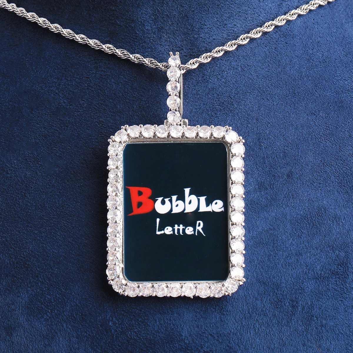 Bubble Letter Iced Solid Back Rectangular Custom Photo Necklace Pendant Men Real Gold Plated 5A Cubic Zirconia Hip Hop Jewelry