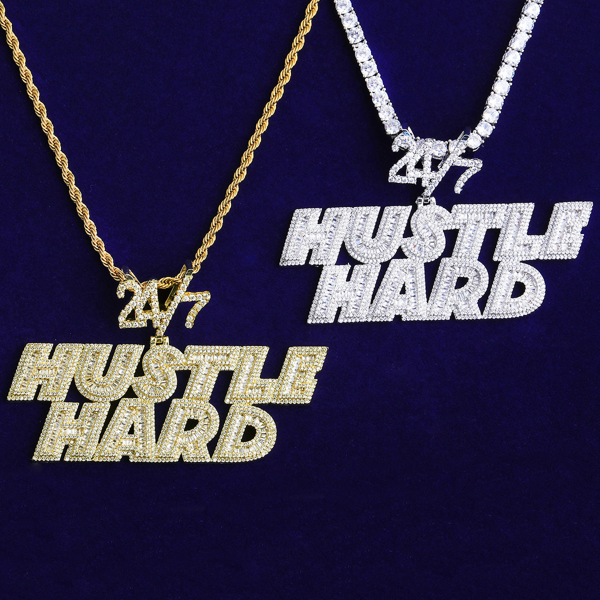 Bubble Letter Iced Out Hustle Hard 24/7 Necklace Pendant Men 5A Prong Setting Cubic Zirconia Copper Gold Plated Hip Hop Jewelry