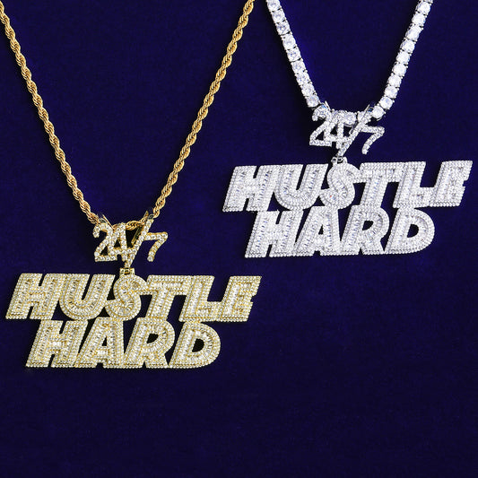 Bubble Letter Iced Out Hustle Hard 24/7 Necklace Pendant Men 5A Prong Setting Cubic Zirconia Copper Gold Plated Hip Hop Jewelry