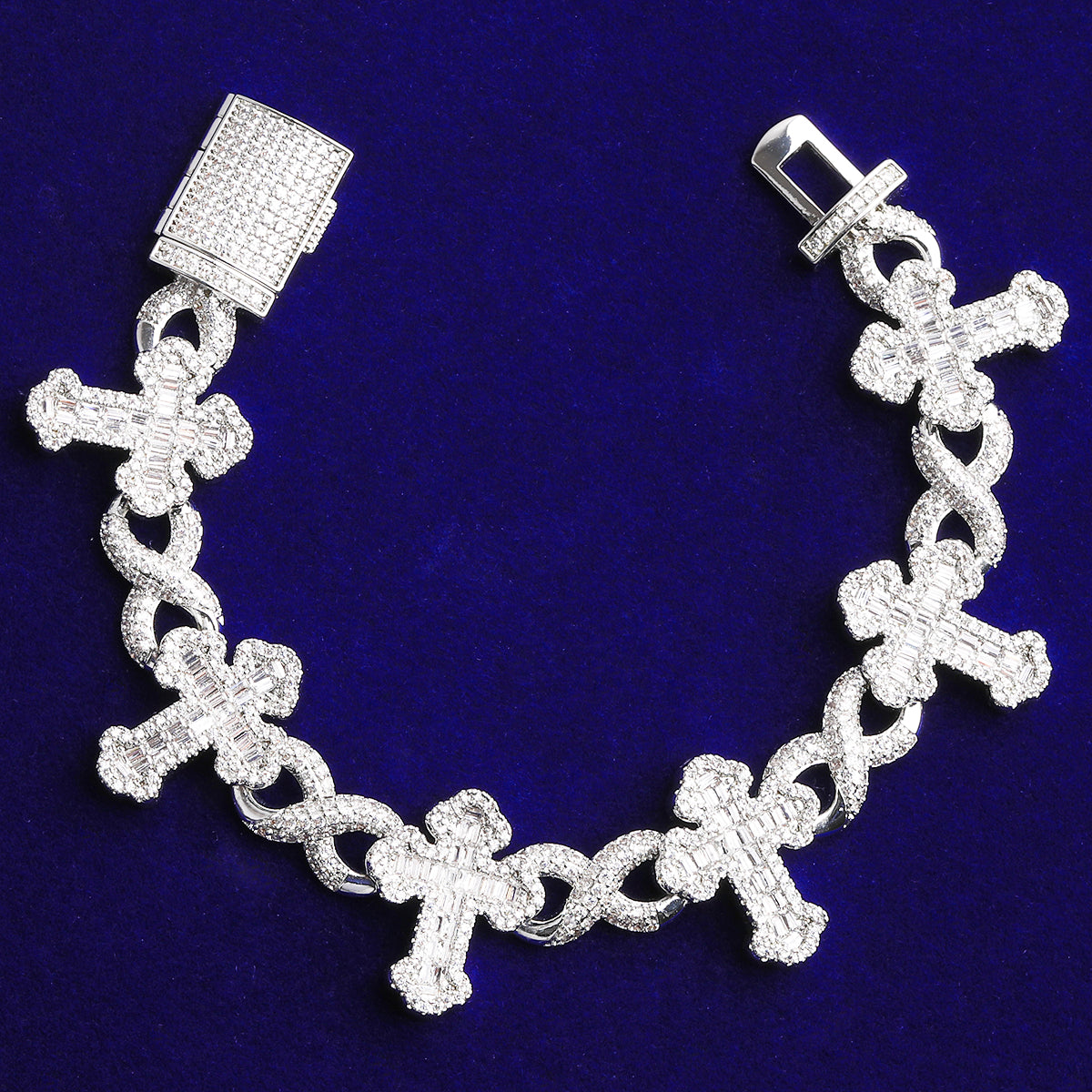 Bubble Letter Iced Out Baguette Cross Infinity Link Bracelet for Men 5A Cubic Zirconia Real Gold Plated Hip Hop Jewelry